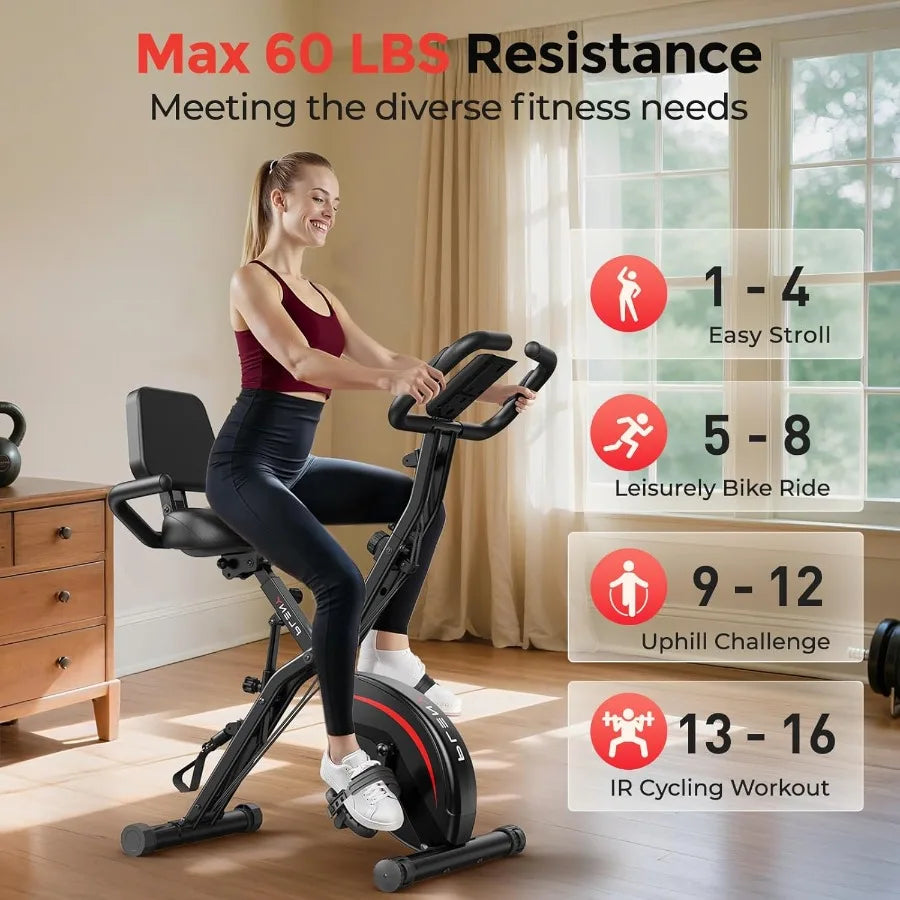 Folding Exercise Bike 5 IN 1 Stationary Bike for Home Gym with 6.6 LBS Flywheel 330LB Weight Capacity Black Frame Adjustable Ba